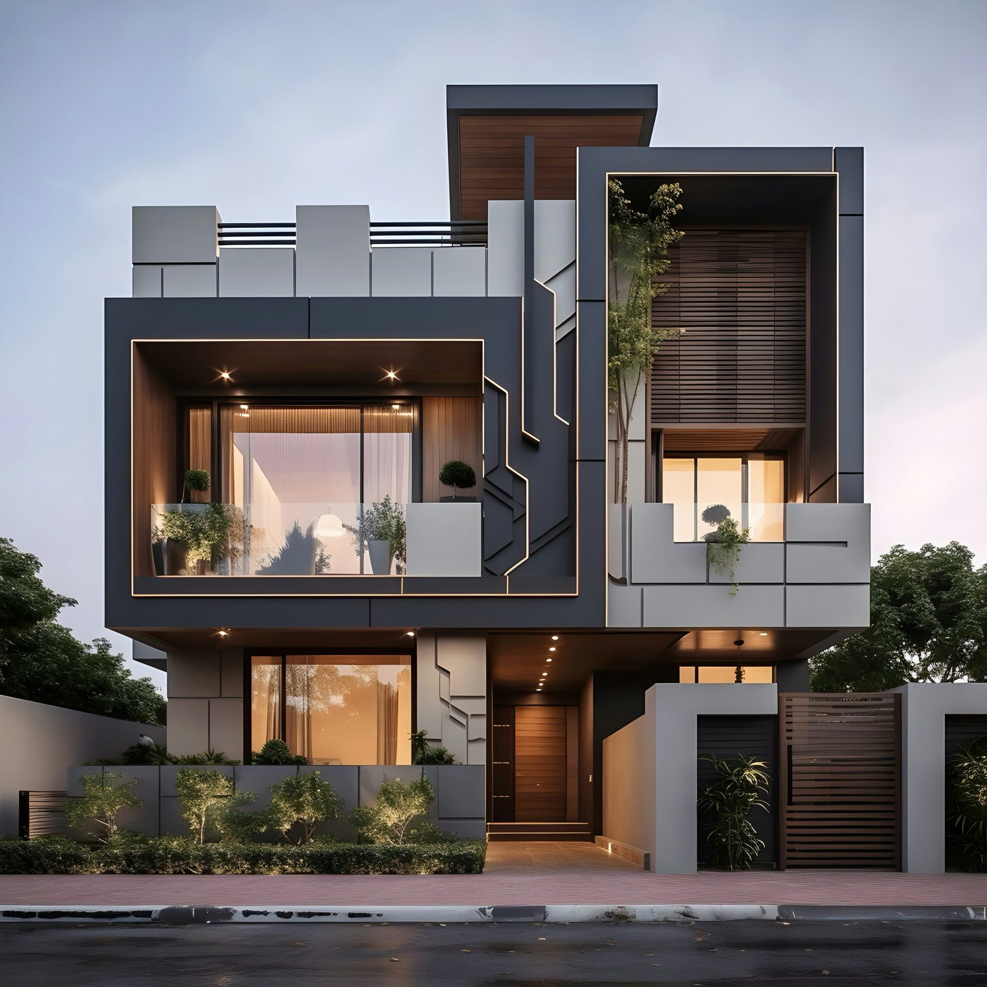 A two story house with a lot of windows and balconies